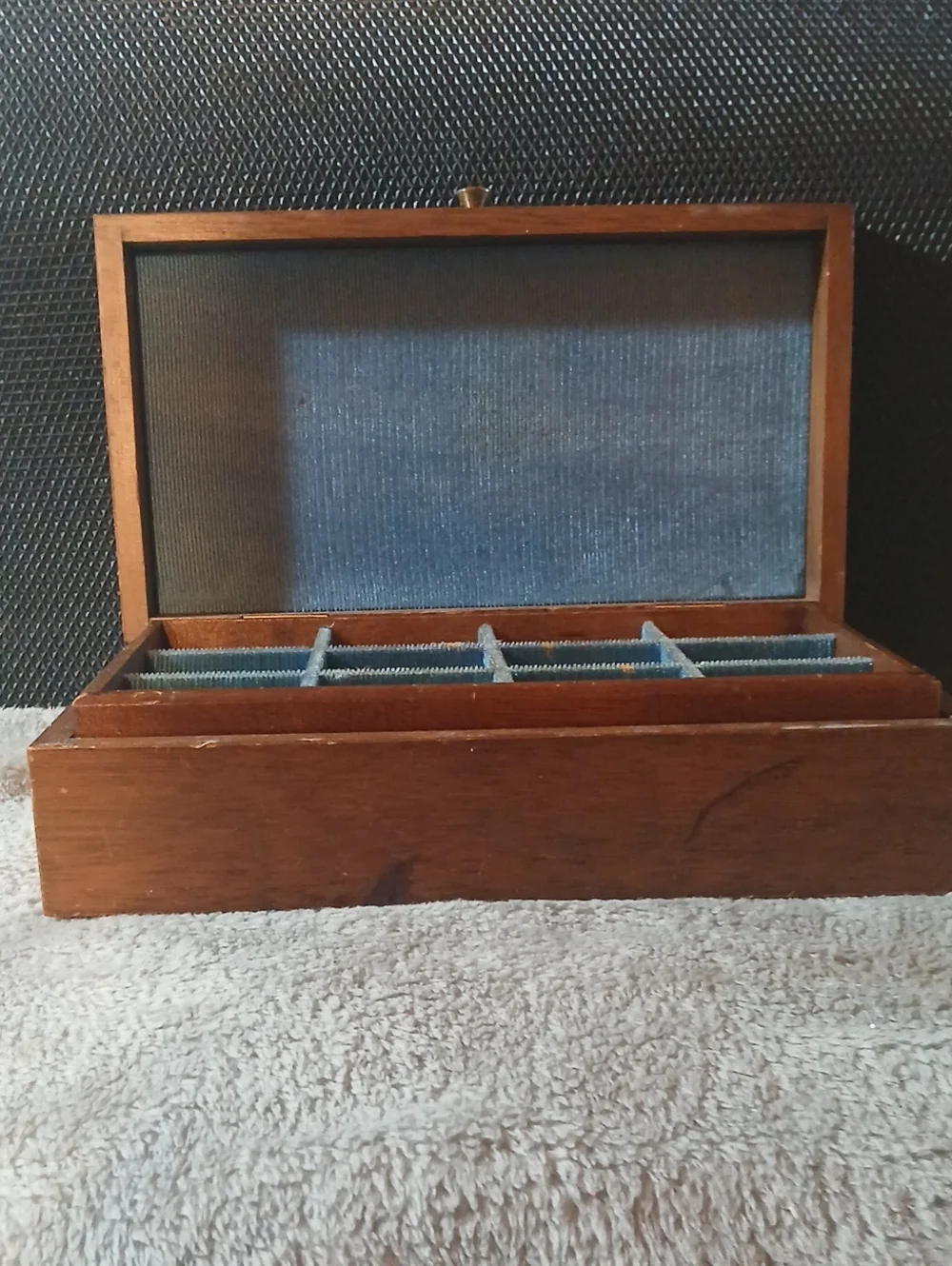 Vintage MCM Wooden Valet Box with Brass Button - Dark Brown